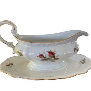 Bavaria Germany rose gravy boat w/ attached under plate